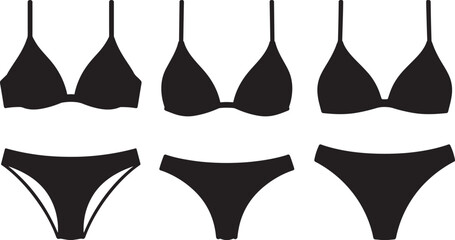 Collection of black bikini tops and bottoms in silhouette