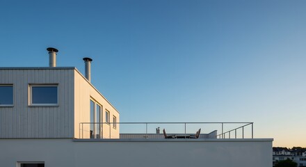 Modern House Exterior with Rooftop Terrace and Clear Blue Sky