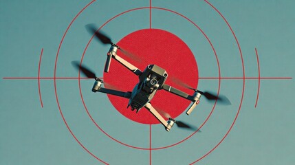 Drones are engaged in aerial maneuvers, captured through a targeting scope overlay. The drone flying in formation against a clear blue sky