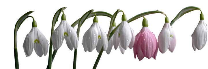 Obraz premium Delicate Linear Sequence of White Snowdrop Flowers on Green Stems