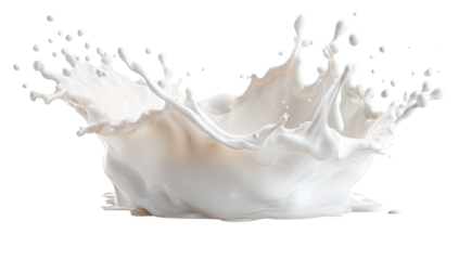 A milk splash against a black background.  A creamy, white liquid erupts in a dynamic, outward-spreading splash.  Fluid and frothy textures are apparent
