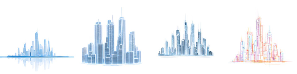 Fototapeta premium Cityscape Skyline Collection. Abstract Urban Architecture Drawings on White Background.