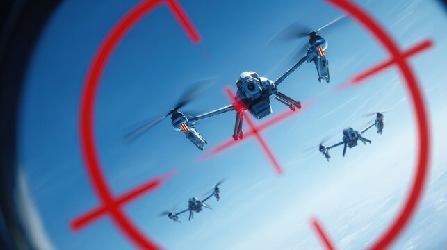 Drones are engaged in aerial maneuvers, captured through a targeting scope overlay. The drone flying in formation against a clear blue sky
