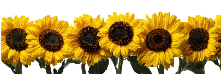 Obraz premium Row of Identical Sunflowers Viewed from the Side in Bright Sunlight