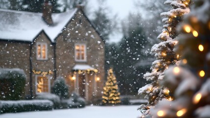 Naklejka premium Winter Wonderland: English Country Cottage Decorated for Christmas in the Festive Snowy house countryside