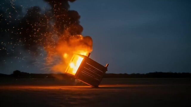 Fiery inferno engulfs a metal dumpster at night, sparks and smoke billowing.