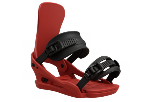 Studio shot of a red snowboard binding with black straps, isolated on a transparent background, ready for winter sports adventures