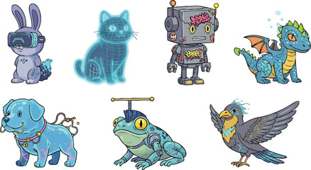 Cute Cyberpunk Creatures with Neon Accessories Lined in Two Rows on White Clean Futuristic Background