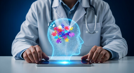 Doctor Diagnosing Mental Health Using Tablet; Puzzle Pieces in Head; Blue Background; Medical Uses