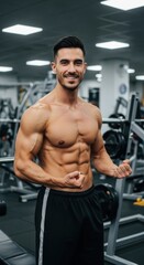 Muscular man posing in a gym showing off his abs and biceps