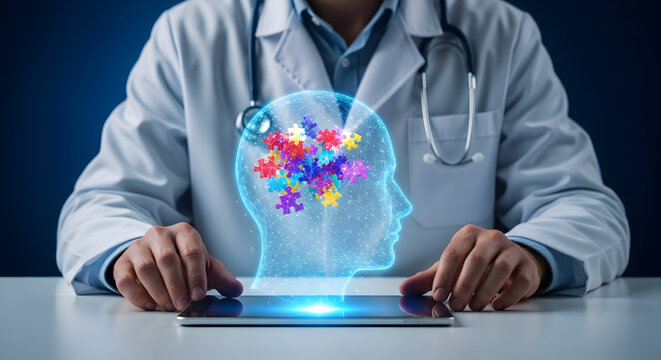 Doctor Diagnosing Mental Health Using Tablet; Puzzle Pieces in Head; Blue Background; Medical Uses