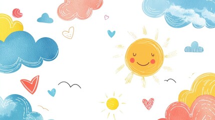 Bright and cheerful background with clouds, sun, and playful shapes on white background