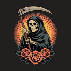 A striking illustration of a skeleton in a hooded cloak, holding a scythe surrounded by vibrant roses, showcasing themes of mortality and beauty in nature.