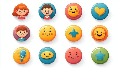 Cartoon-style child icons including emotions, playtime, and learning tools on white background