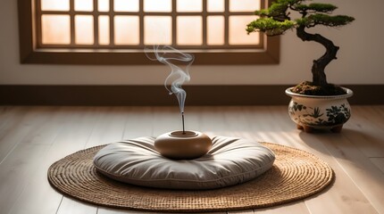 Incense burning on meditation cushion, zen space