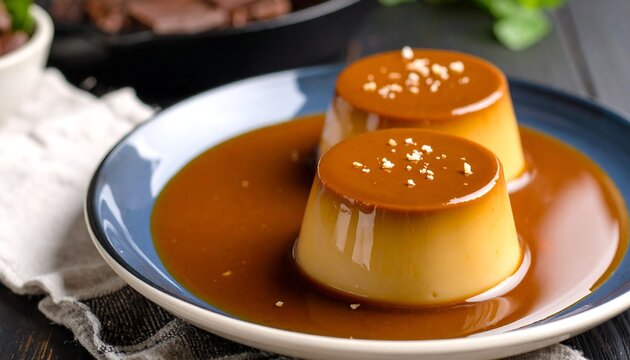 Creamy caramel custard desserts on a plate