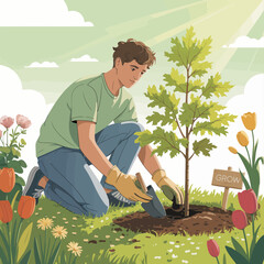 The illustration features a young man planting a tree in a garden, surrounded by colorful flowers, representing hopes for the future and nurturing bonds with nature.