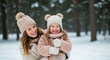 Fototapeta premium Mother and child playful embrace in winter wonderland