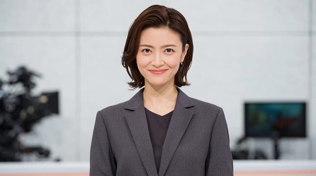 Release. Serious and amicable Japanese anchorwoman. Asian news announcer nods and stands up in the studio of a TV channel