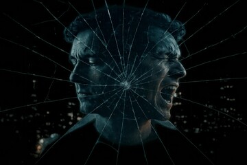 Portrait of a man with two contrasting facial expressions overlaid with shattered glass effect on dark city skyline background, symbolizing inner turmoil