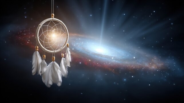 Dreamcatcher with white feathers hanging in front of a vibrant galaxy and starry night sky, combining spiritual symbolism with cosmic beauty and celestial wonder