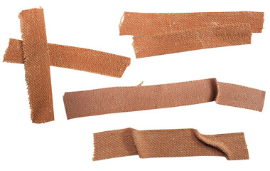 Set of crumpled torn pieces of brown adhesive bandage, torn ripped fabric crumpled tape design on transparent background