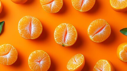 93.A seamless pattern featuring halved tangerines spread across an orange background. Each half reveals the vibrant, juicy interior of the fruit. A single tangerine is flipped upside down, offering a