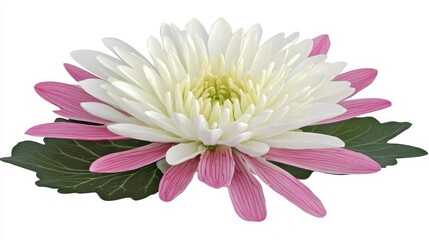 Obraz premium Close Up White and Pink Chrysanthemum Blossom with Green Leaves on White Background