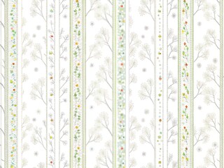 Intricate floral and botanical pattern with vertical stripes on a white background