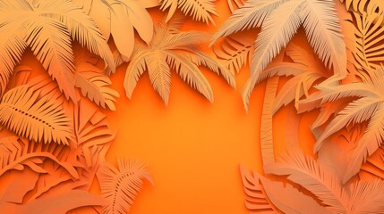 83.A seamless, papercut-inspired tropical pattern featuring palm trees arranged on a bold orange background. The intricate design of the lacy palm leaves creates an airy and light feel, giving the