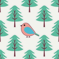 Cute cartoon bird with blue wings perched among stylized green christmas trees