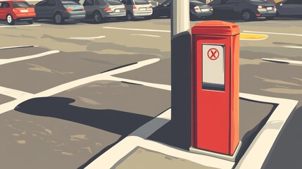 34.A vector drawing showing a fire extinguisher box attached to a pole in a parking lot. The box is designed with safety symbols and a bright red color, standing out against the parking lot's asphalt