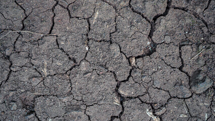 Close up image of dry cracked soil, symbolizing drought and climate change. Perfect as a natural texture background or for environmental design and awareness projects.