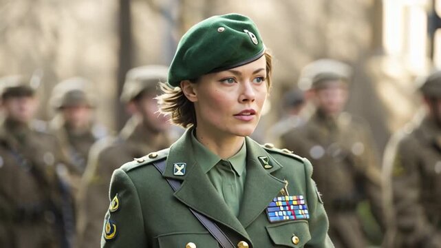 Woman in Military Uniform Leads Soldiers in a Ceremonial March Generative AI