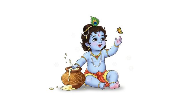 "Little Krishna Playing Flute &ndash; Janmashtami Festival Illustration on White Background"