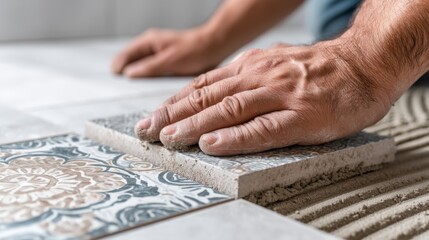 A person"s hand presses patterned ceramic tiles onto adhesive during a flooring installation process.