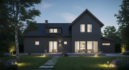 Modern Scandinavian House Exterior at Dusk