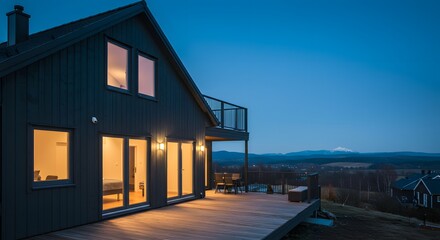 Obraz premium Modern Scandinavian House Exterior at Dusk, Mountain View