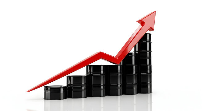 Grafik harga minyak naik tinggi dengan drum hitam dan panah merah melambangkan inflasi ekonomi serta krisis energi global