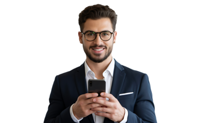 Businessman using smartphone mobile app for business communication online now on transparent background
