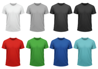 Collection of eight different colored T-Shirts displayed in two rows isolated on transparent background