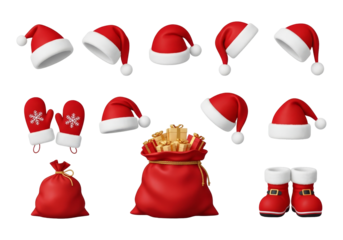 Collection of christmas santa claus accessories including hats mittens boots and gift bags isolated on transparent background