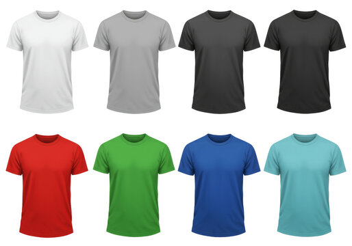Collection of eight different colored T-Shirts displayed in two rows isolated on transparent background