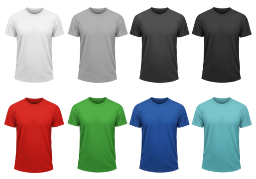 Collection of eight different colored T-Shirts displayed in two rows isolated on transparent background