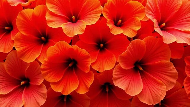 Vibrant close-up of tropical hibiscus petals in red, orange, and yellow, showcasing bold texture and radiant lighting for stunning floral beauty in 4k video.