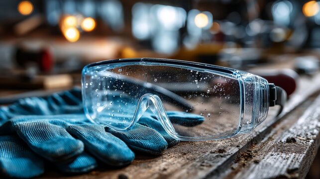 Clear safety goggles resting on a wooden surface next to blue protective gloves in a workshop with blurred lights in the background. - Powered by Adobe