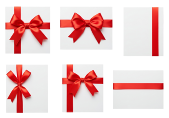 Collection of six white gift boxes with red satin ribbons and bows in various decorative arrangements isolated on transparent background