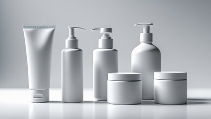 collection of blank, white cosmetic or personal care product containers arranged against a white background