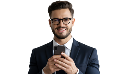 Professional man using phone in suit portrait for business and marketing use on transparent background