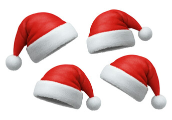 Four festive santa claus hats with fluffy white trim and pom poms isolated on transparent background